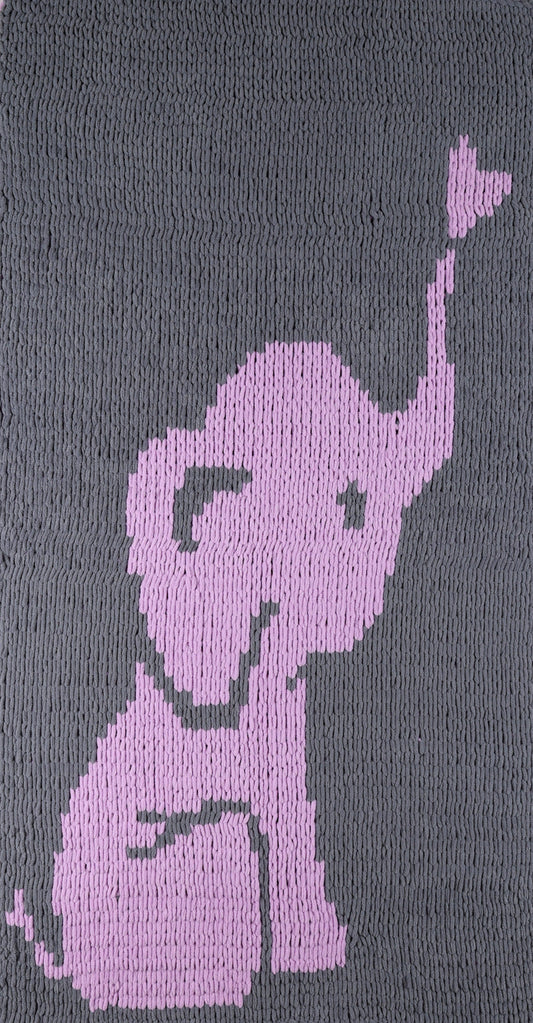 Gray sock with a purple elephant design on a gray background