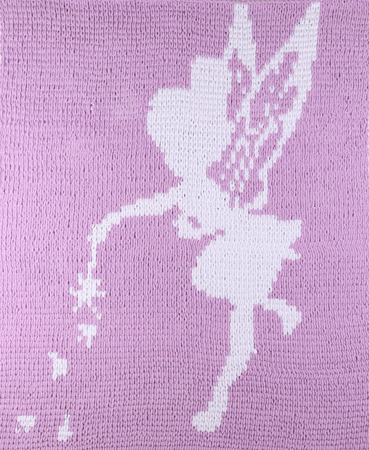 Purple knitted blanket with white tinkle bell design 