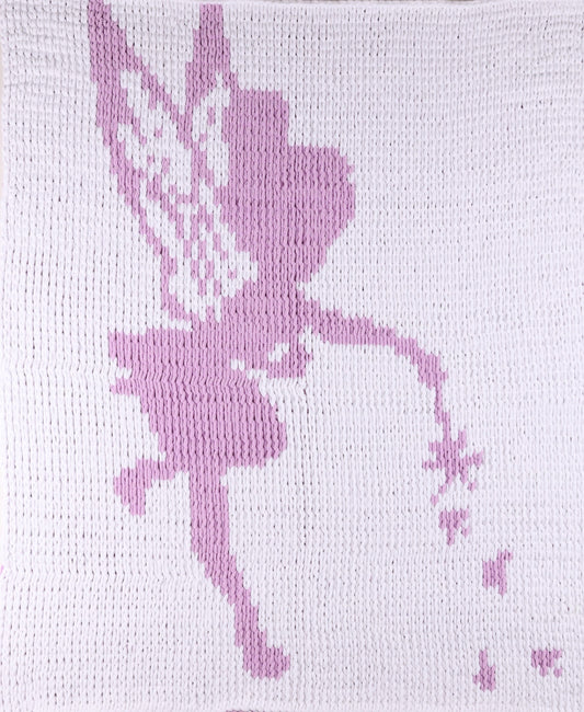 White knitted blanket with a purple tinkle bell design 
